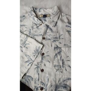 Tommy Bahama Camp Shirt Cream Blue‎ Palm Trees Tropical Mens